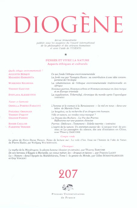 Diogène N° 207, Juillet-Septembre 2004 : Penser et vivre la nature. Aspects éthiques et culturels