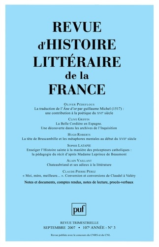 Revue d'histoire littéraire de la France N° 3, septembre 2007
