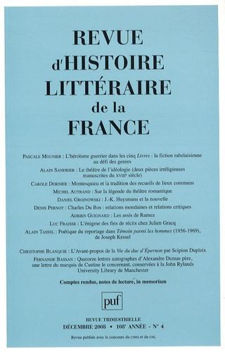 Revue d'histoire littéraire de la France N° 4, Octobre-Décembre 2008