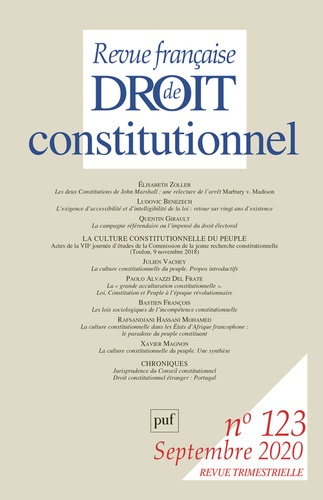 Revue française de Droit constitutionnel N° 123, 2020 : La culture constitutionnelle du peuple