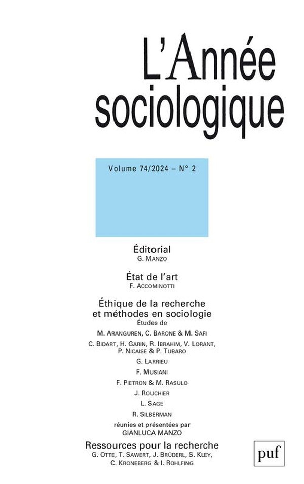 L'Année sociologique Volume 74 N° 2/2024 : Ethique de la recherche et méthodes en sociologie