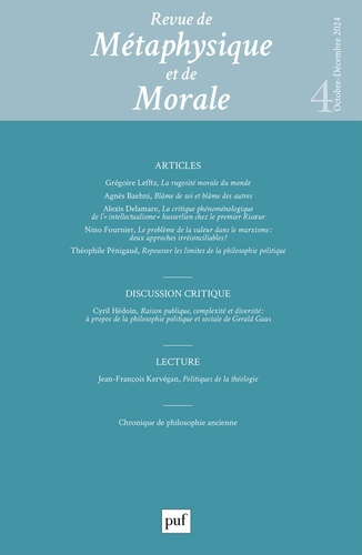 Revue de Métaphysique et de Morale N° 4, octobre-décembre 2024