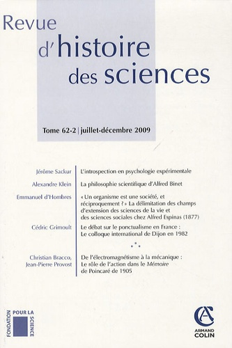 Revue d'histoire des sciences N° 62-2, Juillet-décembre 2009