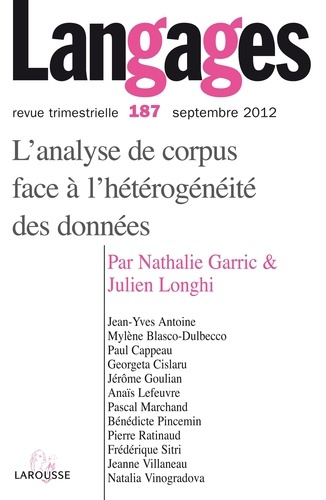 Langages N° 187, Septembre 2012 : L'analyse de corpus face à l'hétérogénéité des données
