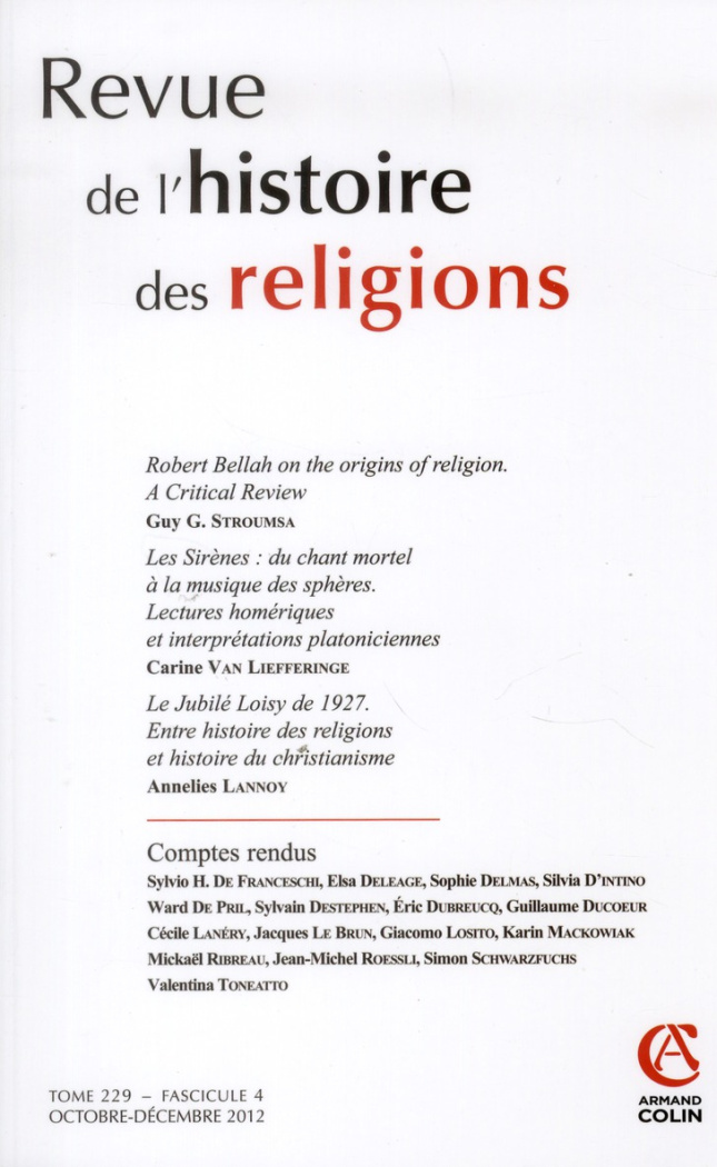 Revue de l'histoire des religions Tome 229 N° 4, Octobre-décembre 2012