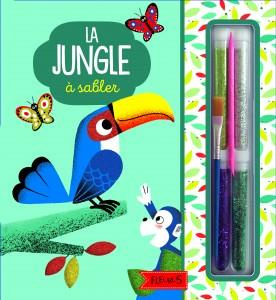 La jungle à sabler. Avec 4 cartes à décorer, 4 tubes de sable coloré, 1 pique en bois et 1 pinceau a