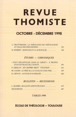 Revue thomiste N° 4/1998, octobre-décembre 1998