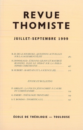 Revue thomiste N° 3/1999, juillet-septembre 1999