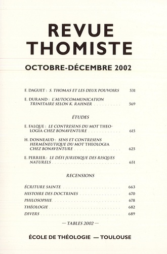 Revue thomiste N° 4/2002, octobre-décembre 2002