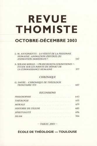 Revue thomiste N° 4/2003, octobre-décembre 2003