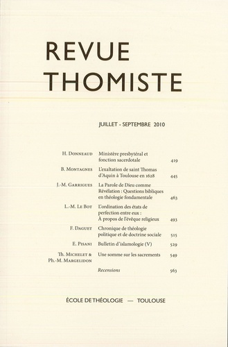 Revue thomiste N° 3/2010, juillet-septembre 2010