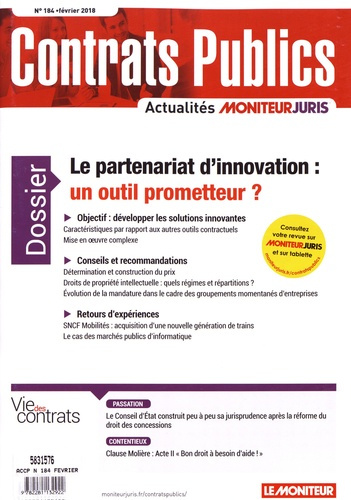 Contrats publics N° 184, février 2018 : Le partenariat d'innovation : un outil prometteur ?
