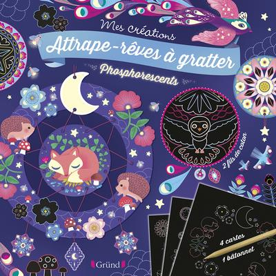 Attrape-rêves à gratter phosphorescents. Avec 4 cartes à gratter, 2 fils colorés et 1 bâtonnet
