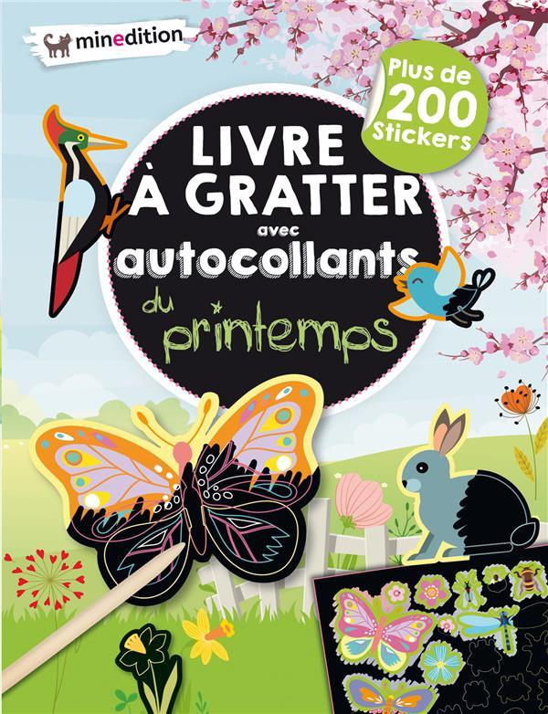 Livre à gratter avec autocollants du printemps. Plus de 200 stickers, avec 1 crayon en bois