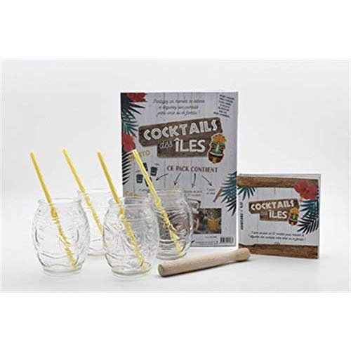 Coffret Cocktails des îles. Contient 1 livre, 4 verres fantaisies, 4 pailles, 1 pilon en bois