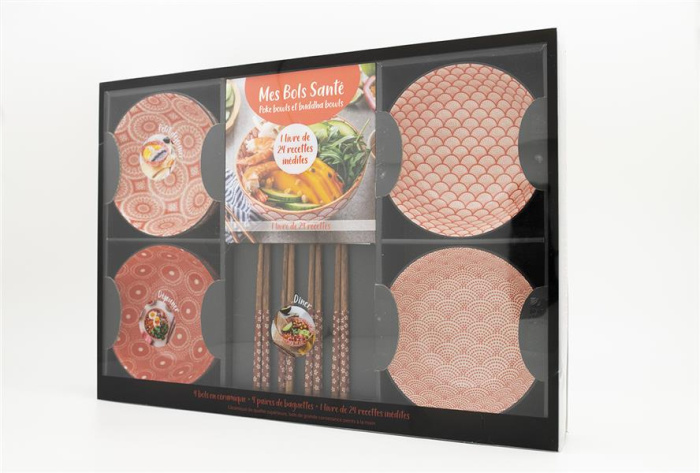 Coffret Mes bols santé Poke Bowls et Buddha bowls. Avec 4 bols en céramique, 4 paires de baguettes e