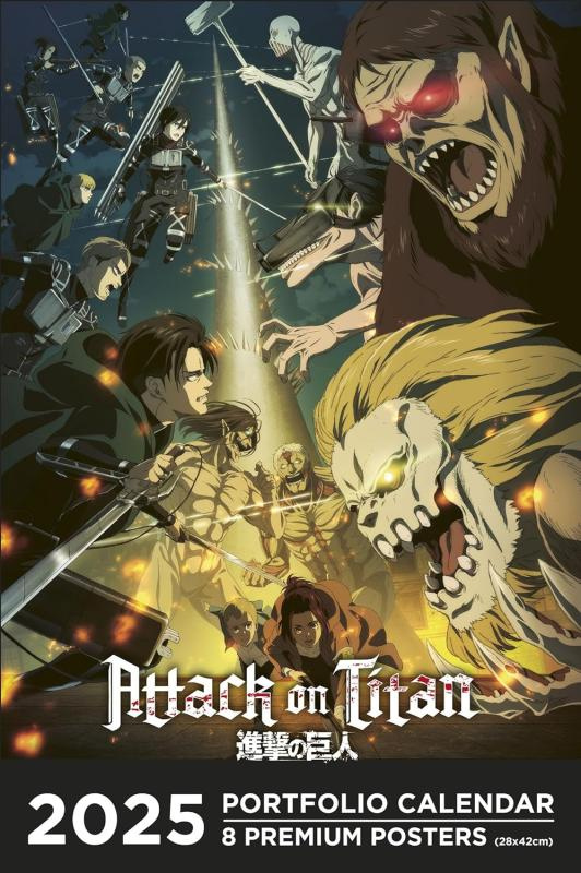 Portfolio calendrie Attack on Titan. 8 premium posters, de janvier à décembre. Edition 2025