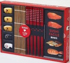 Lucky cat sushis. Coffret avec 1 natte en bambou, 5 paires de baguettes, 5 repose-baguettes et 1 liv