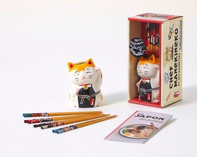 Chef Manekineko et ses baguettes. Avec 4 paires de baguettes décorées, 1 pot à baguettes Manekineko