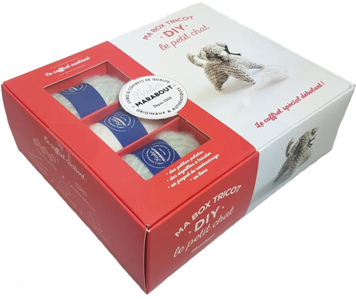 Ma box tricot DIY le petit chat. Avec 3 petites pelotes, 1 aiguillée de fil noir, 1 paire d'aiguille