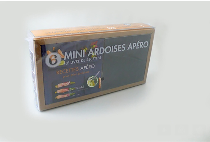 Mini-ardoises apéro. Coffret avec 1 petit livre Mini ardoises apéro et 6 mini ardoises de présentati
