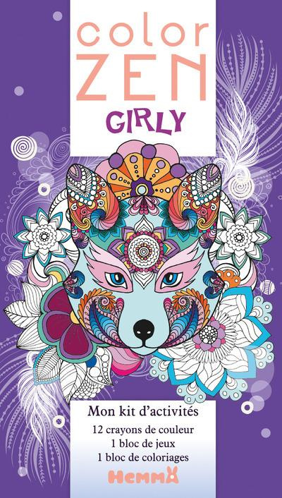 Color zen Girly. 12 crayons de couleur, 1 bloc de jeux, 1 bloc de coloriages
