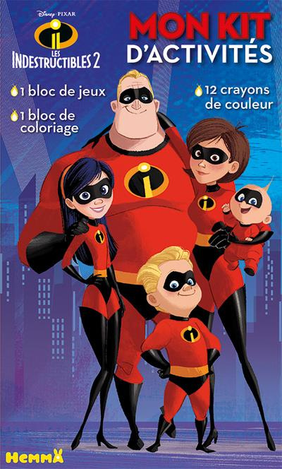 Mon kit d'activité Les indestructibles 2. 12 crayons de couleur, 1 bloc de jeux, 1 bloc de coloriage