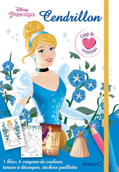 Cendrillon. Avec un bloc, 6 crayons de couleur, des tenues à découper, des stickers pailletés