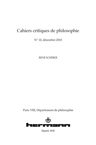 Cahiers critiques de philosophie N° 10, décembre 2010 : René Schérer. Avec 1 DVD