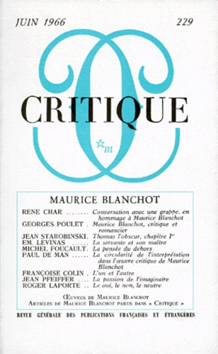 CRITIQUE NUMERO 229 JUIN 1996 : MAURICE BLANCHOT