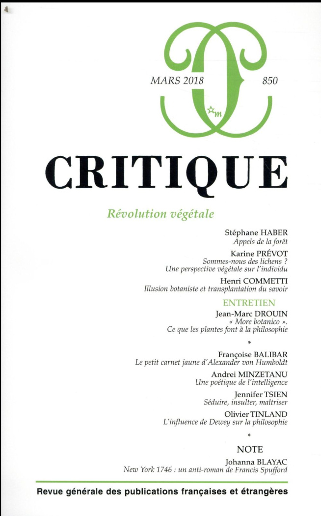 Critique N° 850, mars 2018 : Révolution végétale