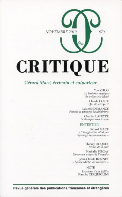 Critique N° 870, novembre 2019 : Gérard Macé, écrivain et colporteur
