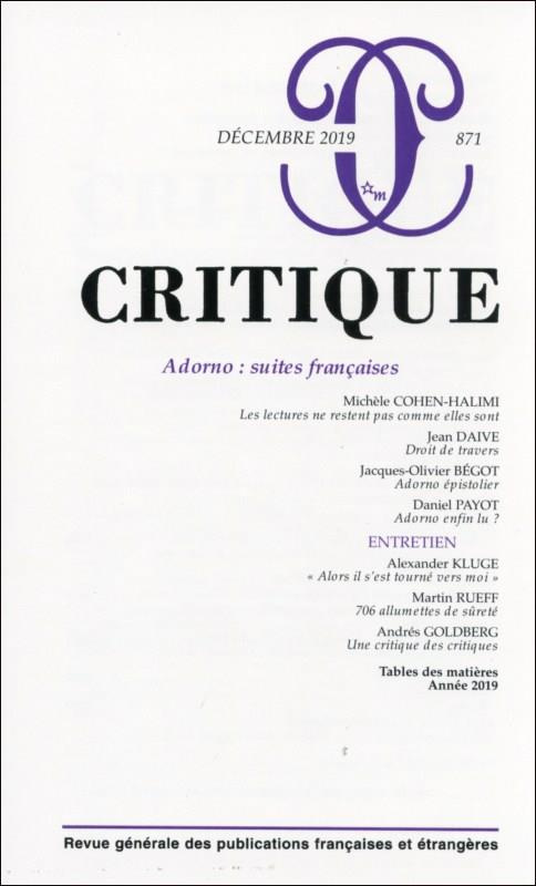 Critique N° 871, décembre 2019 : Adorno, suites françaises