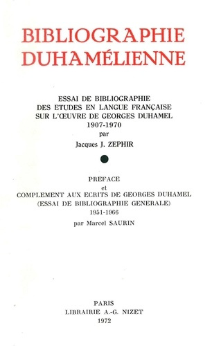 Bibliographie duhamélienne. Essai de bibliographie des études en langue française sur l'œuvre de Geo
