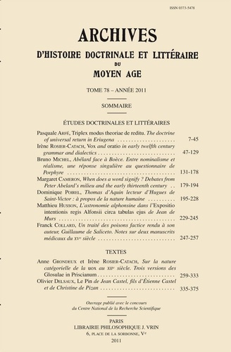 ARCH D'HISTOIRE LITTERAIRE ET DOCTRINALE DU MOYEN AGE T LXXVIII (2011)