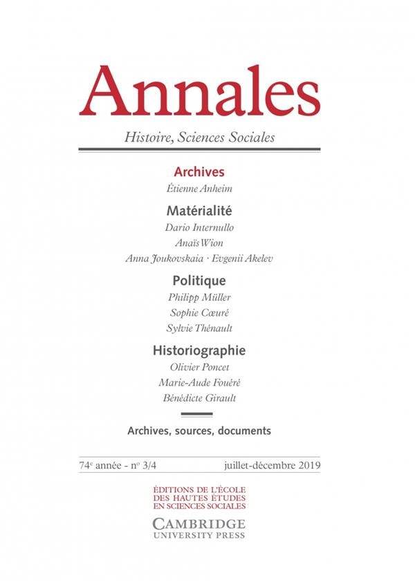 Annales Histoire, Sciences Sociales N° 3/4, juillet-décembre 2019 : Archives