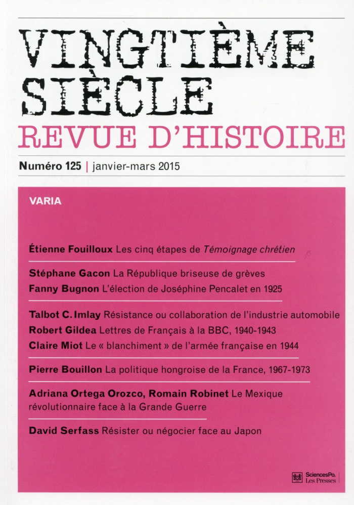 Vingtième siècle N° 125, janvier-mars 2015 : Varia