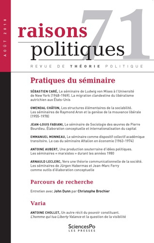 Raisons politiques N° 71, août 2018 : Pratiques du séminaire