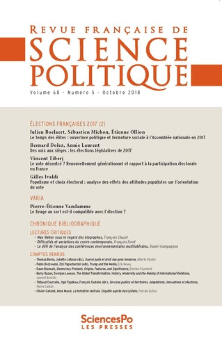 Revue française de science politique Volume 65, novembre 2018 : Les élections législatives de 2017