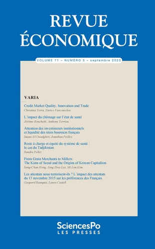 Revue économique Volume 71 N° 5, septembre 2020 : Varia. Textes en français et anglais