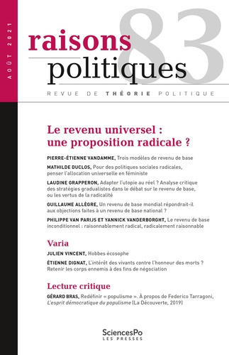 Raisons politiques N° 83, août 2021 : Le revenu universel : une proposition radicale ?