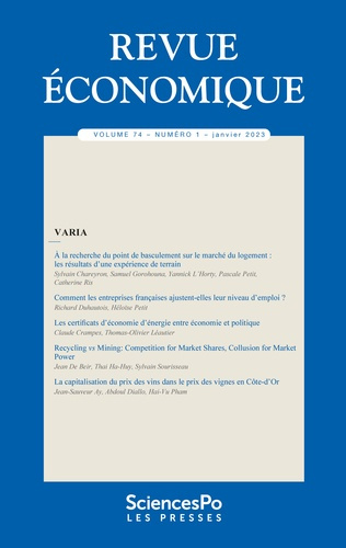 Revue économique Volume 74 n° 1, janvier 2023 : Varia