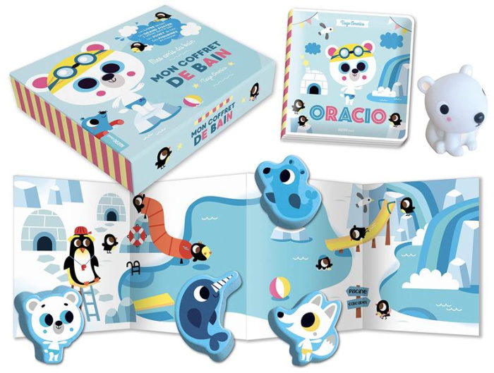 Mon coffret de bain. Un livre de bain, un grand poster à utiliser dans le bain, un jouet de bain, de