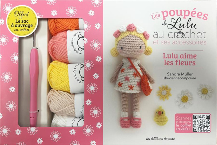 Les Poupée de Lulu au crochet et ses accessoires. Lulu aime les fleurs. Coffret avec 5 pelotes 100%