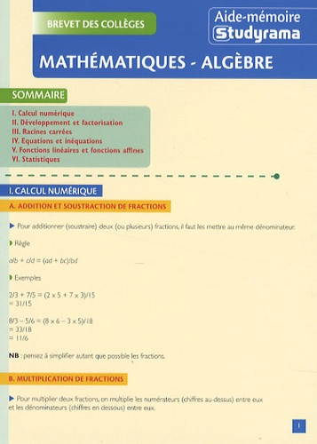 Brevet des collèges Mathématiques-Algèbre