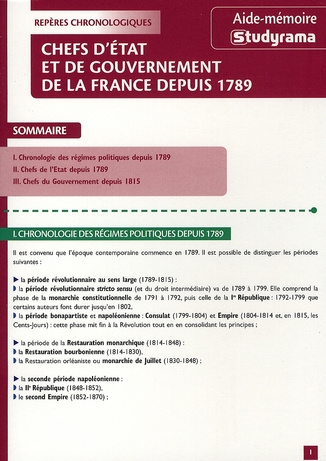 Chefs d'Etats et de gouvernement de la France depuis 1789
