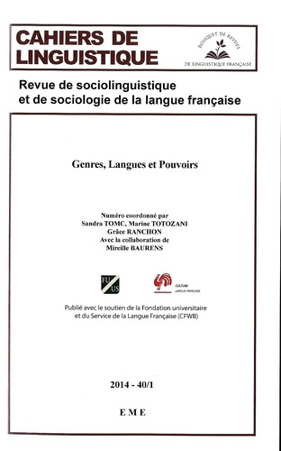 Cahiers de linguistique N° 40/1, 2014 : Genres, langues et pouvoirs