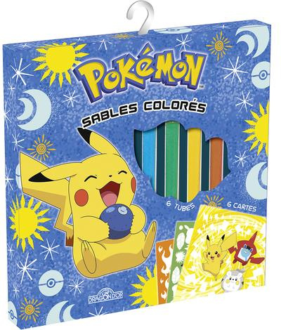 Sables colorés Pokémon. Avec 6 cartes à sabler, 1 outil pour détacher les surfaces autocollantes, 6