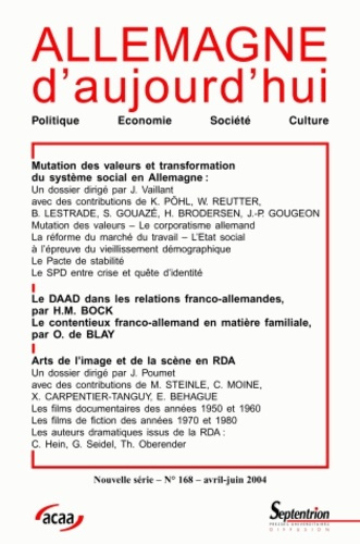 Allemagne d'aujourd'hui N° 168 : Mutation des valeurs et transformation du système social en Allemeg