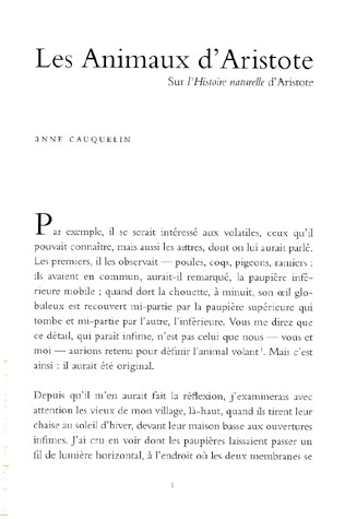 LES ANIMAUX D'ARISTOTE. Sur l'Histoire naturelle d'Aristote